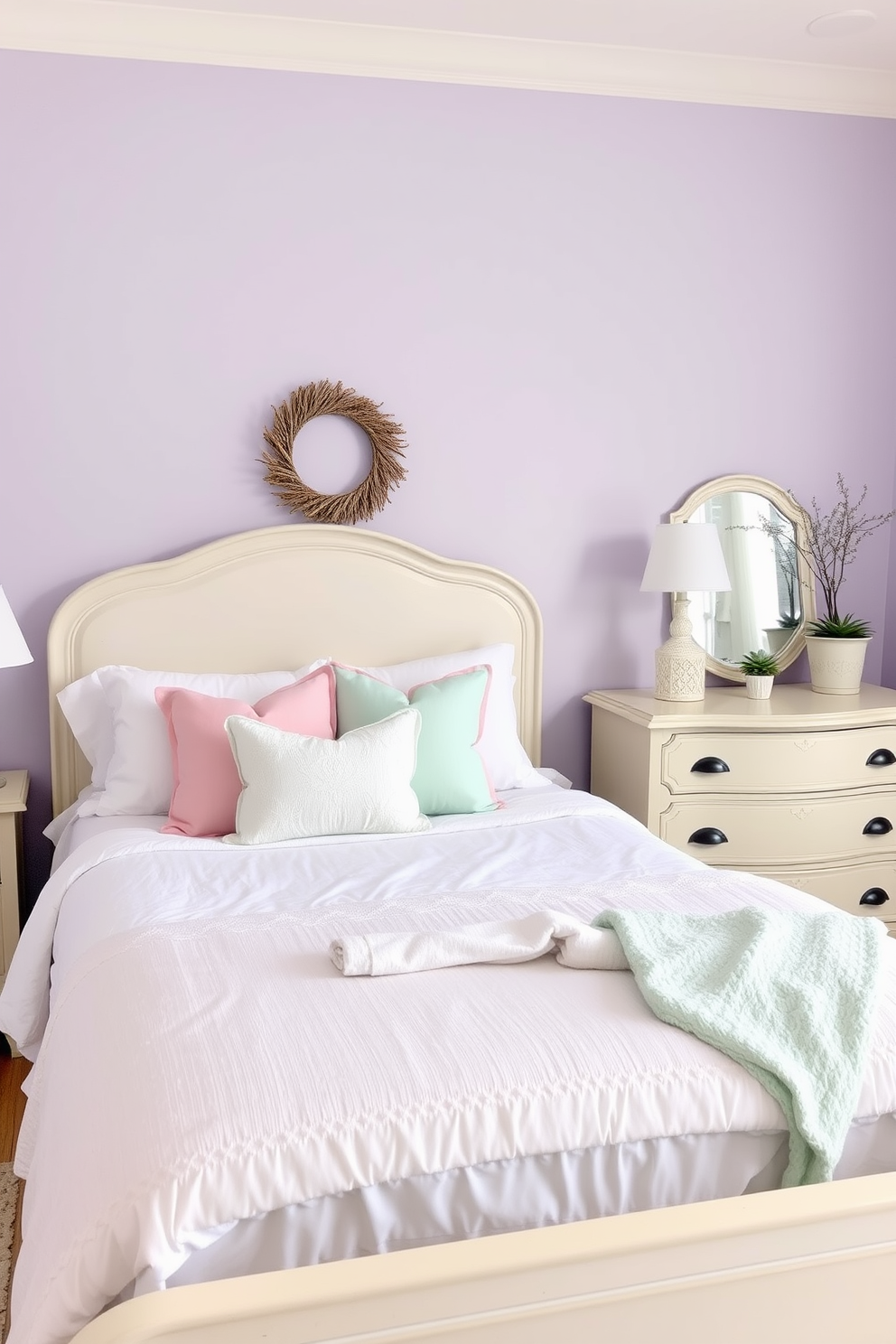 A serene bedroom filled with pastel colors that evoke the essence of spring. Soft pink and mint green throw pillows adorn a plush white bed, while a delicate floral bedspread adds a touch of whimsy. The walls are painted in a light lavender hue, creating a calming atmosphere. A vintage wooden dresser in a soft cream finish complements the decor, and small potted succulents add a fresh touch to the bedside tables.