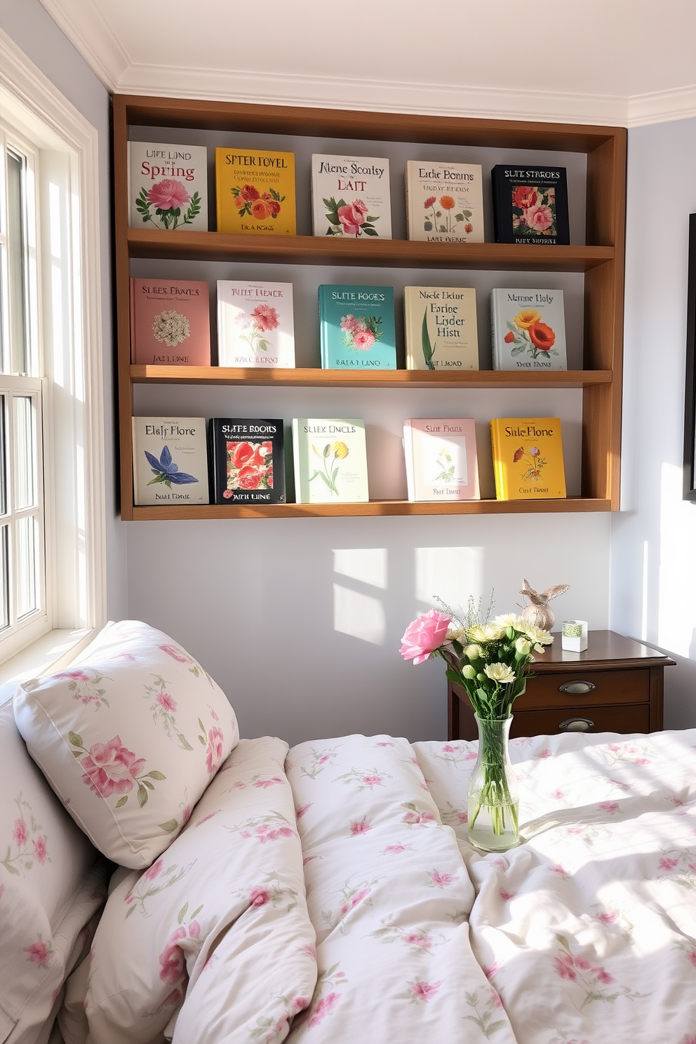 A cozy spring bedroom filled with natural light. Shelves are adorned with seasonal books showcasing vibrant covers and floral themes. The bedding features soft pastel colors with floral patterns. A delicate vase of fresh flowers sits on the bedside table, adding a touch of nature.