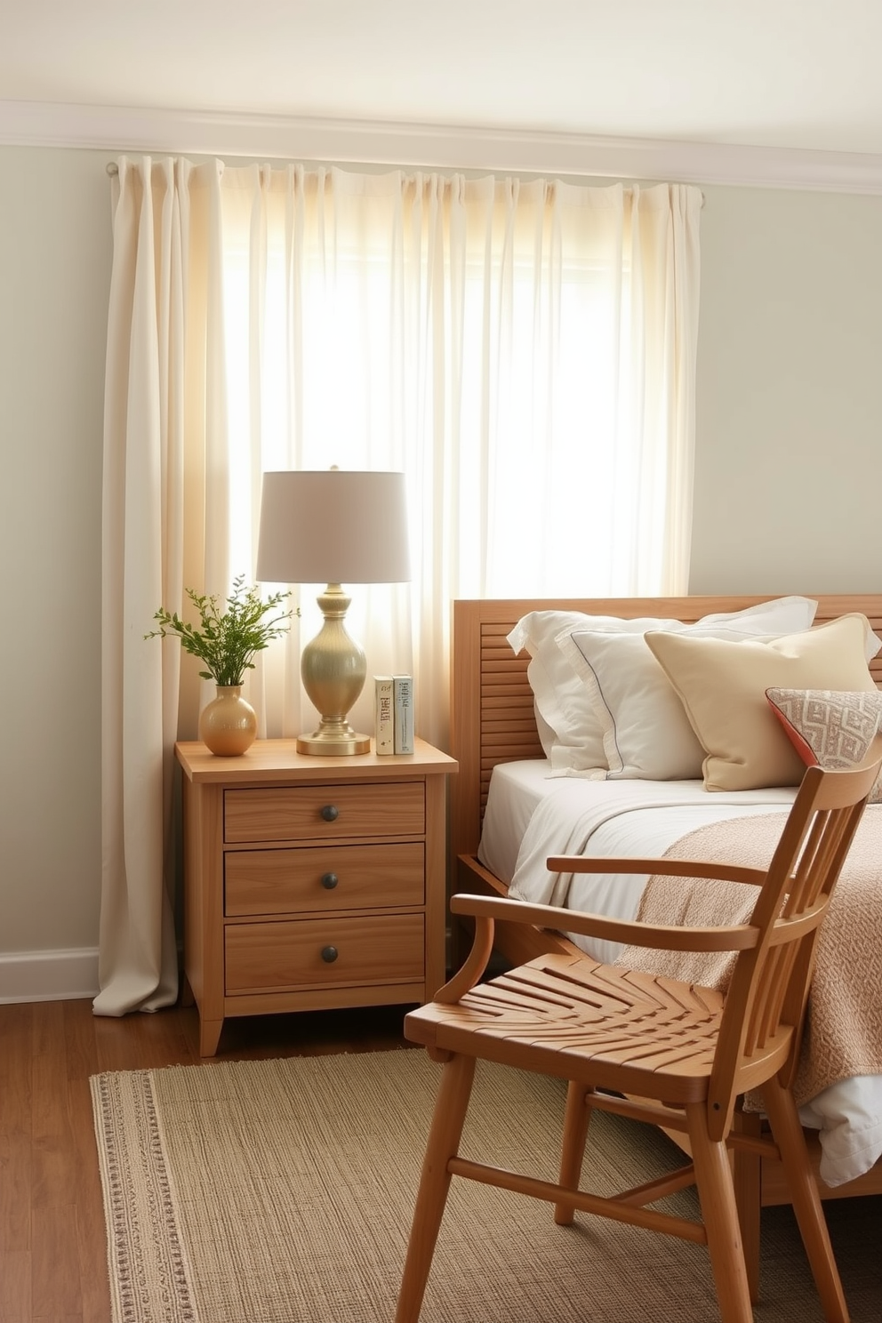 A serene bedroom setting featuring light wood furniture pieces that create a warm and inviting atmosphere. The bed is adorned with soft pastel linens and fluffy pillows, while a light wood nightstand holds a stylish lamp and a few decorative books. Natural light streams in through sheer curtains, illuminating the room and enhancing the calming color palette. A cozy reading nook is created with a light wood chair and a small side table, perfect for enjoying a morning coffee or an evening read.