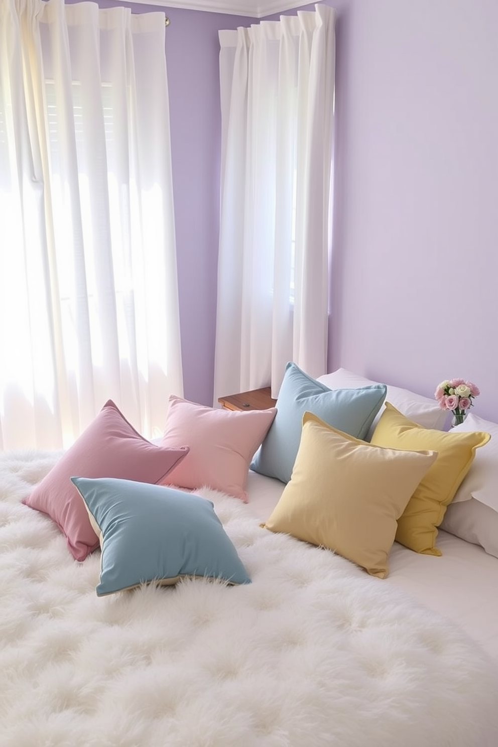 Pastel throw pillows in various shades of pink, blue, and yellow are scattered across a plush white bedspread, adding a soft touch to the overall decor. The bedroom features light, airy curtains that gently filter sunlight, creating a serene and inviting atmosphere. A wooden bedside table holds a small vase of fresh flowers, complementing the pastel color scheme. The walls are painted in a soft lavender hue, enhancing the springtime feel of the room.