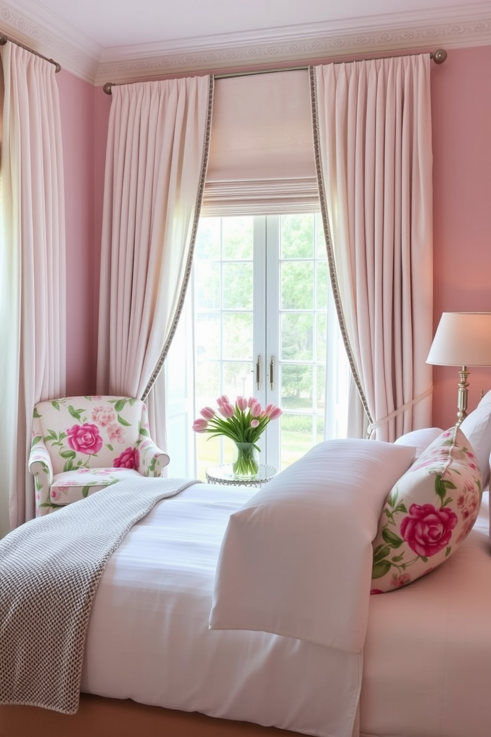 A serene spring bedroom adorned with soft pastel colors. A statement chair in a bold floral pattern sits in the corner, complementing the light, airy curtains that flutter gently in the breeze. The bed is dressed in crisp white linens with a textured throw blanket draped casually at the foot. A small side table next to the bed holds a vase of fresh tulips, adding a touch of nature to the elegant space.