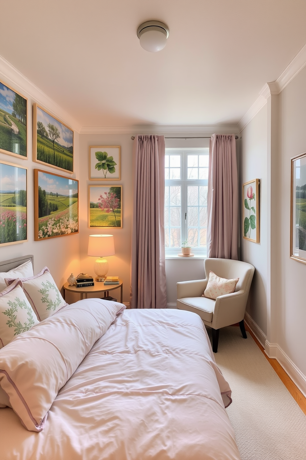 A serene bedroom filled with nature-inspired artwork that brings the outdoors inside. The walls are adorned with vibrant landscapes and floral prints, creating a refreshing and uplifting atmosphere. Soft pastel colors dominate the bedding and curtains, complementing the artwork beautifully. A cozy reading nook by the window features a plush chair and a small side table, inviting relaxation amidst the spring vibes.