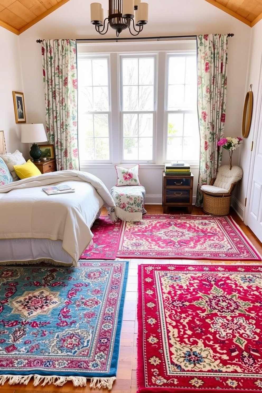 A cozy bedroom adorned with colorful area rugs that add warmth and vibrancy to the space. The rugs feature intricate patterns in shades of blue, red, and yellow, perfectly complementing the soft pastel tones of the bedding and walls. Spring-inspired decor fills the room with fresh energy. Floral accents in the curtains and throw pillows enhance the cheerful atmosphere, while natural light streams in through the large windows, creating a bright and inviting retreat.