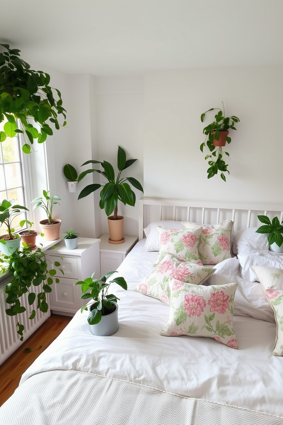 A serene bedroom adorned with lush greenery accents. Potted plants of varying heights are strategically placed on the windowsill and bedside tables, adding a refreshing touch to the space. Soft pastel colors dominate the decor, creating a calm and inviting atmosphere. A comfortable bed is dressed in light linens, complemented by decorative pillows in floral patterns that echo the vibrancy of the plants.