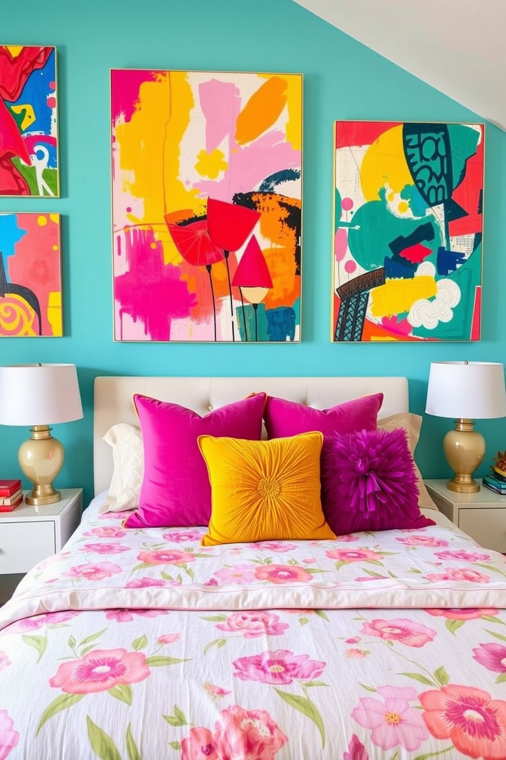 A vibrant spring bedroom featuring an accent wall adorned with brightly colored abstract paintings that evoke energy and joy. The bedding is a mix of floral patterns in soft pastels, complemented by plush throw pillows in bold hues.