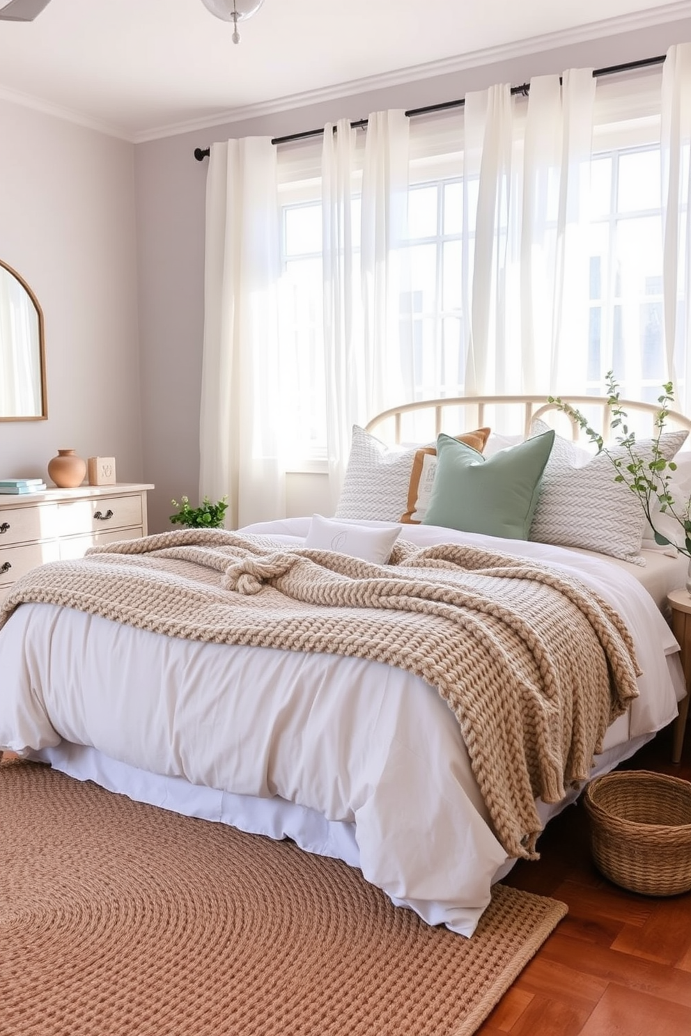 Layered textures create a cozy atmosphere in the spring bedroom. Soft linen bedding in pastel colors is complemented by a chunky knit throw and an assortment of decorative pillows in varying textures. Natural light filters through sheer curtains, casting a warm glow on the room. A woven area rug adds warmth to the hardwood floor, while a small potted plant brings a touch of nature indoors.