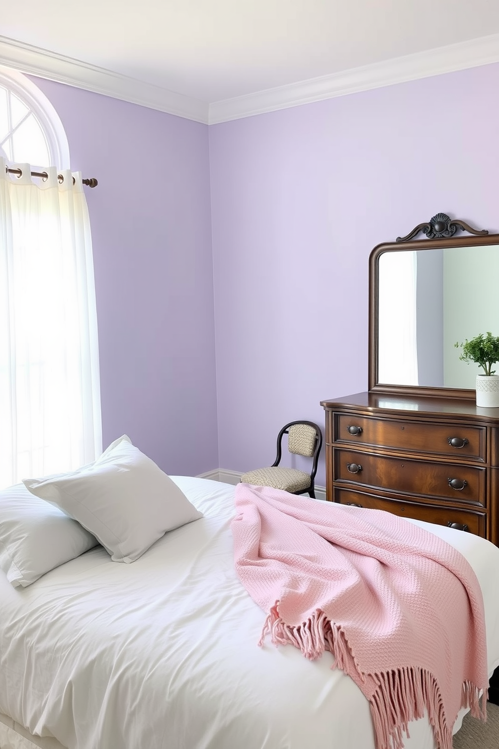 A serene bedroom setting with soft pastel wall paint in shades of lavender and mint green. The room features a cozy queen-sized bed dressed in white linens and a light pink throw blanket. A vintage wooden dresser sits against one wall, adorned with a small potted plant and a decorative mirror. Natural light floods in through sheer curtains, creating a warm and inviting atmosphere.