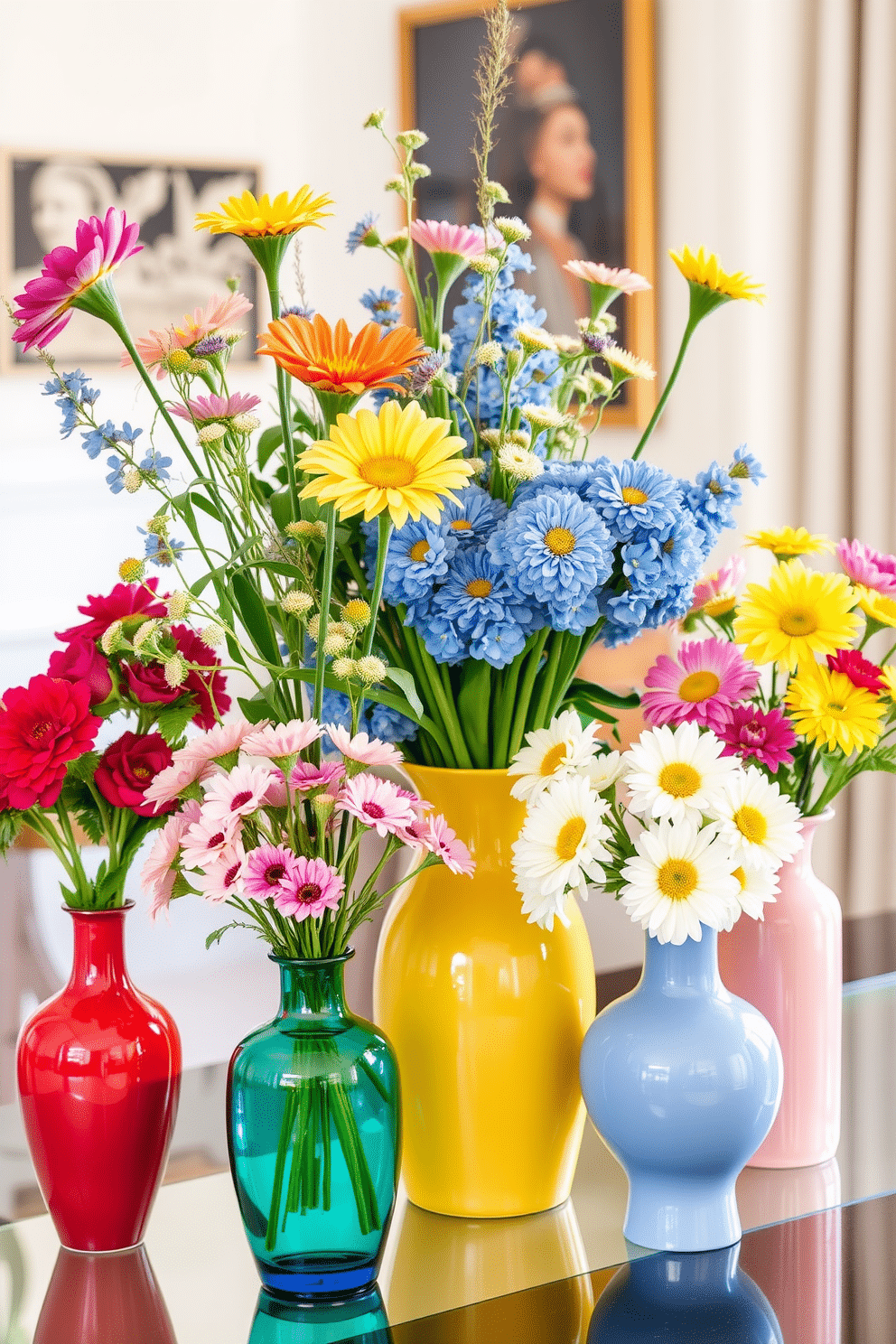 Fresh flowers in colorful vases brighten the room with their vibrant hues. Arrange a variety of flowers in different shapes and sizes of vases to create a cheerful and inviting atmosphere. Incorporate pastel-colored vases to complement the freshness of spring. Place them on a dining table or a coffee table for an elegant seasonal touch.