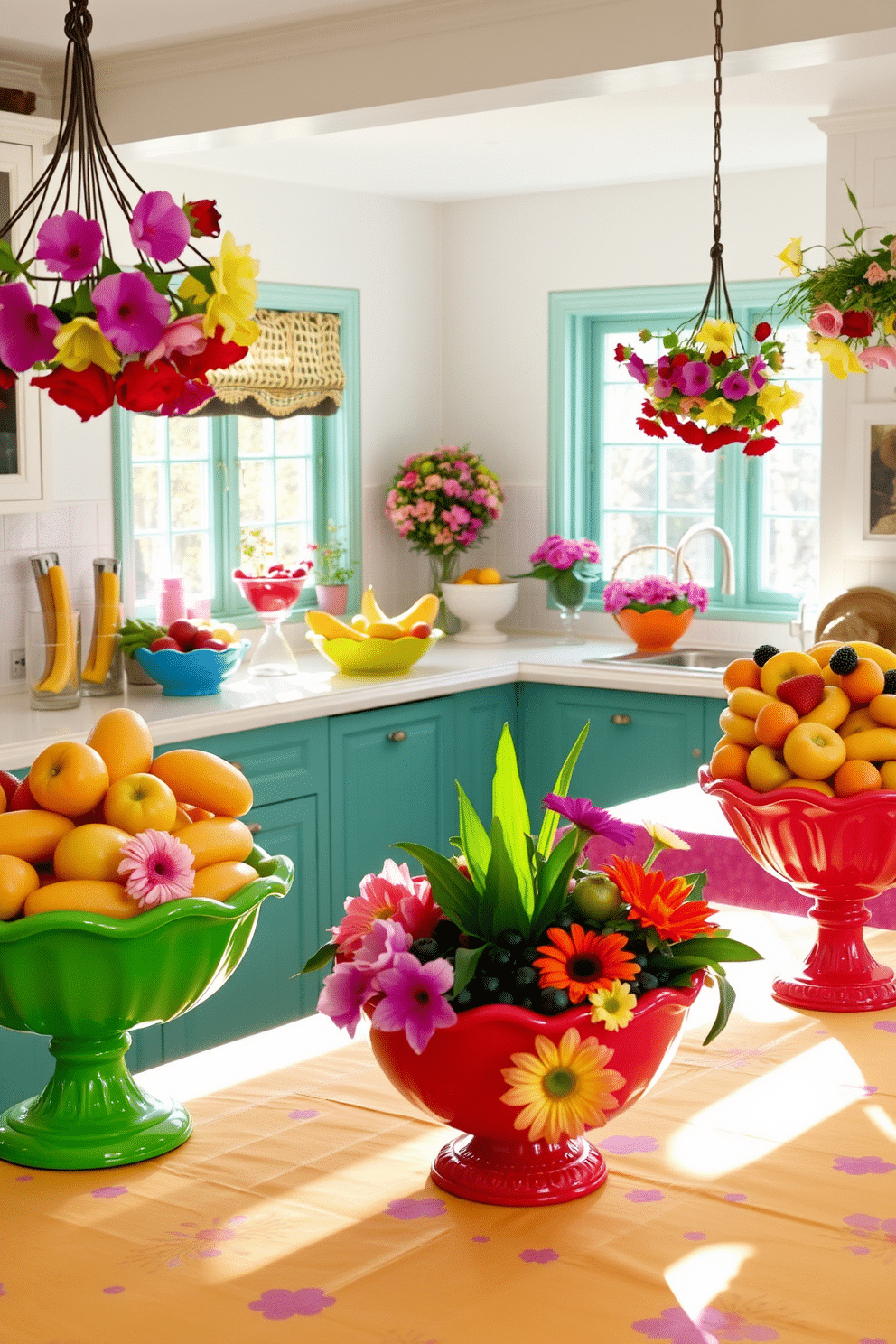 A vibrant kitchen adorned with colorful fruit bowls. The bowls are filled with a variety of fresh fruits, creating a cheerful and inviting atmosphere. Brightly colored tablecloths and floral centerpieces enhance the spring theme. Sunlight streams through the windows, illuminating the lively decor and bringing warmth to the space.