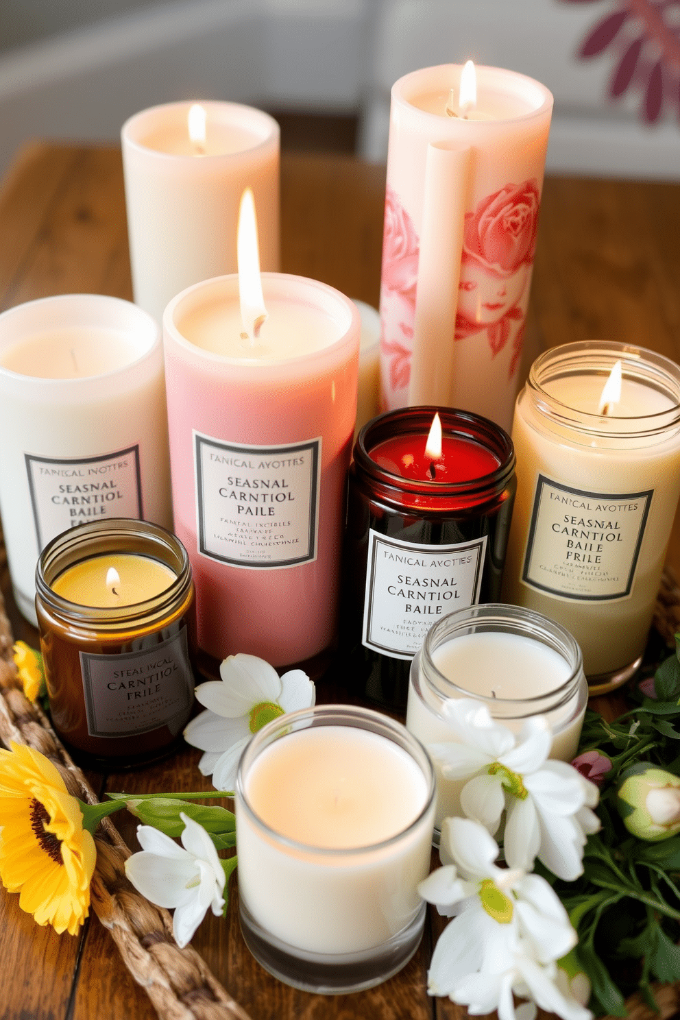 A collection of seasonal scented candles arranged on a rustic wooden tray. The candles vary in height and are surrounded by fresh spring flowers and greenery to enhance the cozy ambiance.