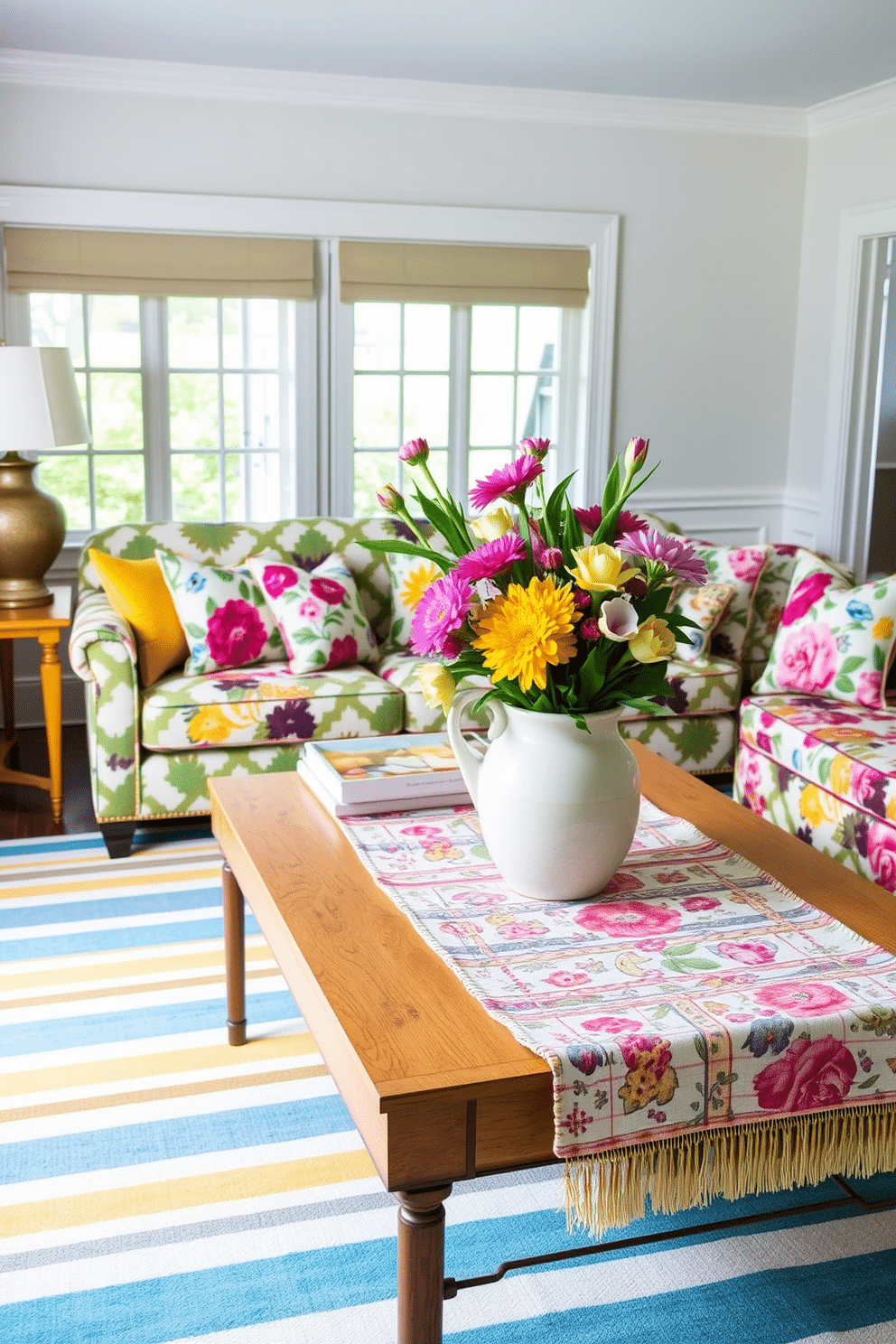 A bright and airy living room filled with vibrant floral prints and mixed patterns. The sofa features a bold geometric pattern while the throw pillows showcase an array of colorful florals in varying sizes. A large area rug with a playful striped design anchors the space, complementing the eclectic mix of patterns. Fresh flowers in a ceramic vase sit on a coffee table adorned with a patterned table runner, bringing a touch of spring to the decor.