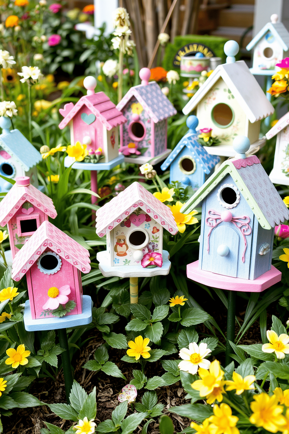 Decorative birdhouses adorned with vibrant colors and intricate designs are scattered throughout a lush garden. Each birdhouse features unique patterns and textures, inviting a sense of playfulness and charm to the outdoor space. Incorporate seasonal flowers and greenery around the birdhouses to enhance the whimsical atmosphere. Soft pastel hues and cheerful accents create a delightful spring ambiance, perfect for welcoming the season.