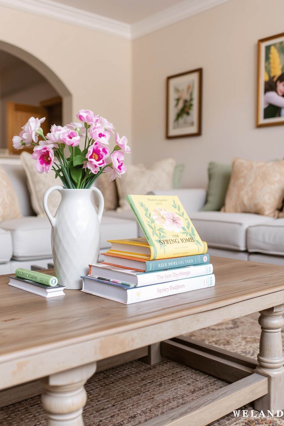 A cozy living room adorned with a rustic coffee table. On the table, a collection of spring-themed books featuring vibrant covers and floral designs is artfully arranged. The walls are painted in a soft pastel hue, creating a warm and inviting atmosphere. Fresh flowers in a ceramic vase sit beside the stack of books, adding a touch of nature to the decor.