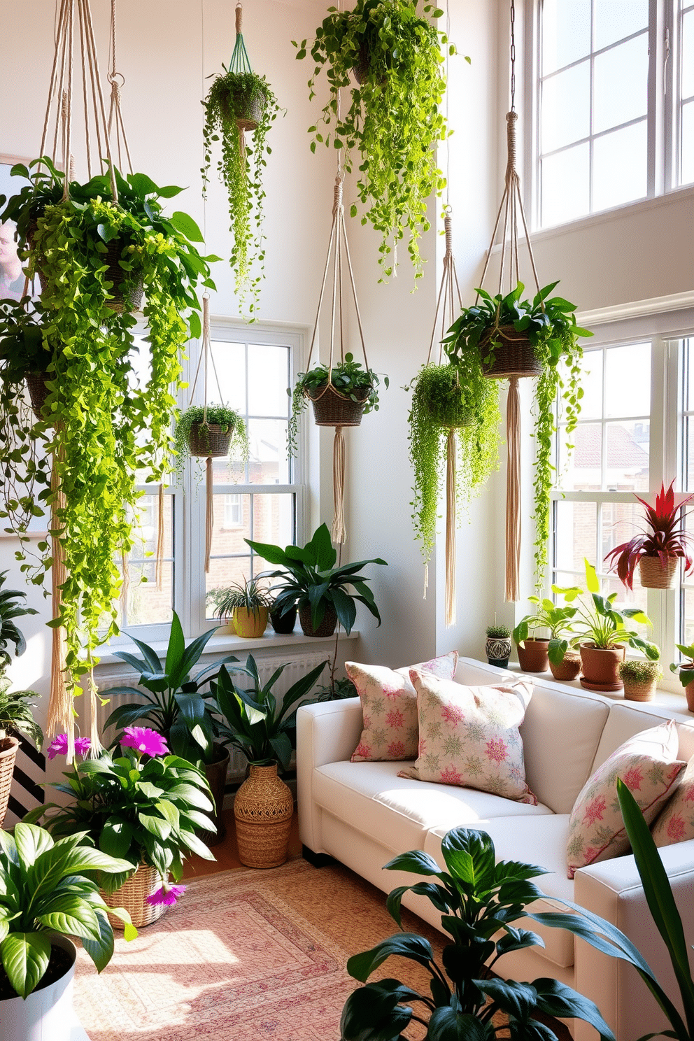 Create a vibrant living room filled with hanging plants that add vertical interest to the space. The walls are painted in a soft pastel color, and natural light floods in through large windows, enhancing the fresh spring atmosphere. Incorporate a variety of trailing and cascading plants suspended in decorative macramé hangers. A cozy seating area with light-colored furniture and colorful throw pillows complements the lively greenery, creating a warm and inviting environment.