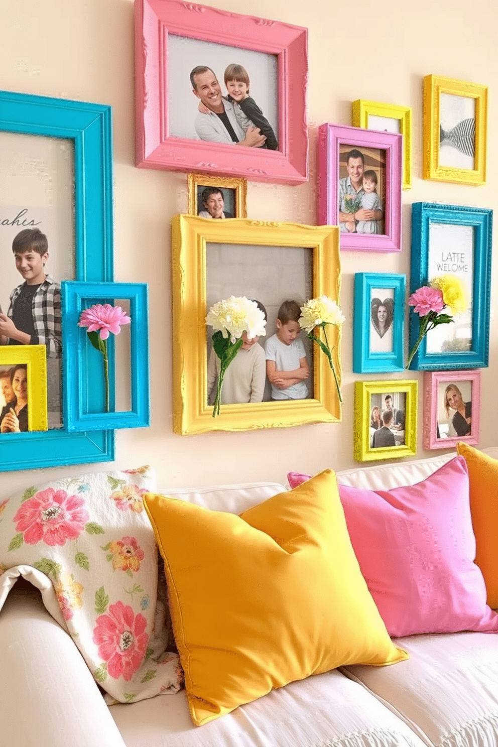 Brightly colored picture frames are arranged in a playful gallery wall, showcasing cherished family photos and art. The vibrant frames in shades of yellow, blue, and pink add a cheerful touch to the room, enhancing the overall spring decor. Fresh flowers in pastel hues are placed in each frame, complementing the seasonal theme. Soft, light fabrics in the room, such as a floral-patterned throw and bright cushions, create a warm and inviting atmosphere for spring.