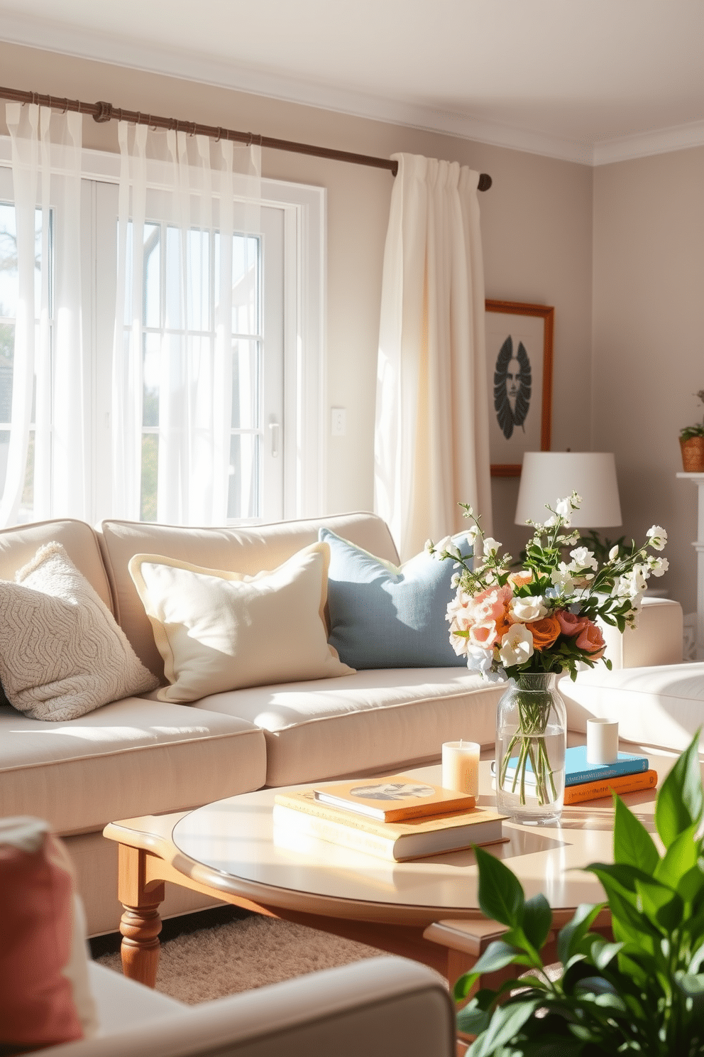 A cozy living room filled with natural light features a plush sofa adorned with an array of pastel throw pillows in soft pinks, blues, and yellows. A light, airy atmosphere is created by sheer curtains fluttering gently in the breeze, complementing the cheerful decor. To enhance the spring vibe, a floral arrangement in a delicate vase sits on the coffee table, surrounded by a few colorful books and a scented candle. Fresh greenery in the form of potted plants adds a touch of nature, bringing the beauty of spring indoors.