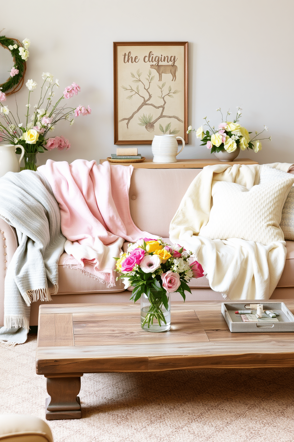 A cozy living room setting featuring lightweight throws draped over a plush sofa. The throws come in soft pastel colors, adding warmth and texture to the space. Bright floral accents are scattered throughout the room, enhancing the cheerful spring atmosphere. A rustic coffee table holds a vase of fresh flowers, complementing the light and airy decor.