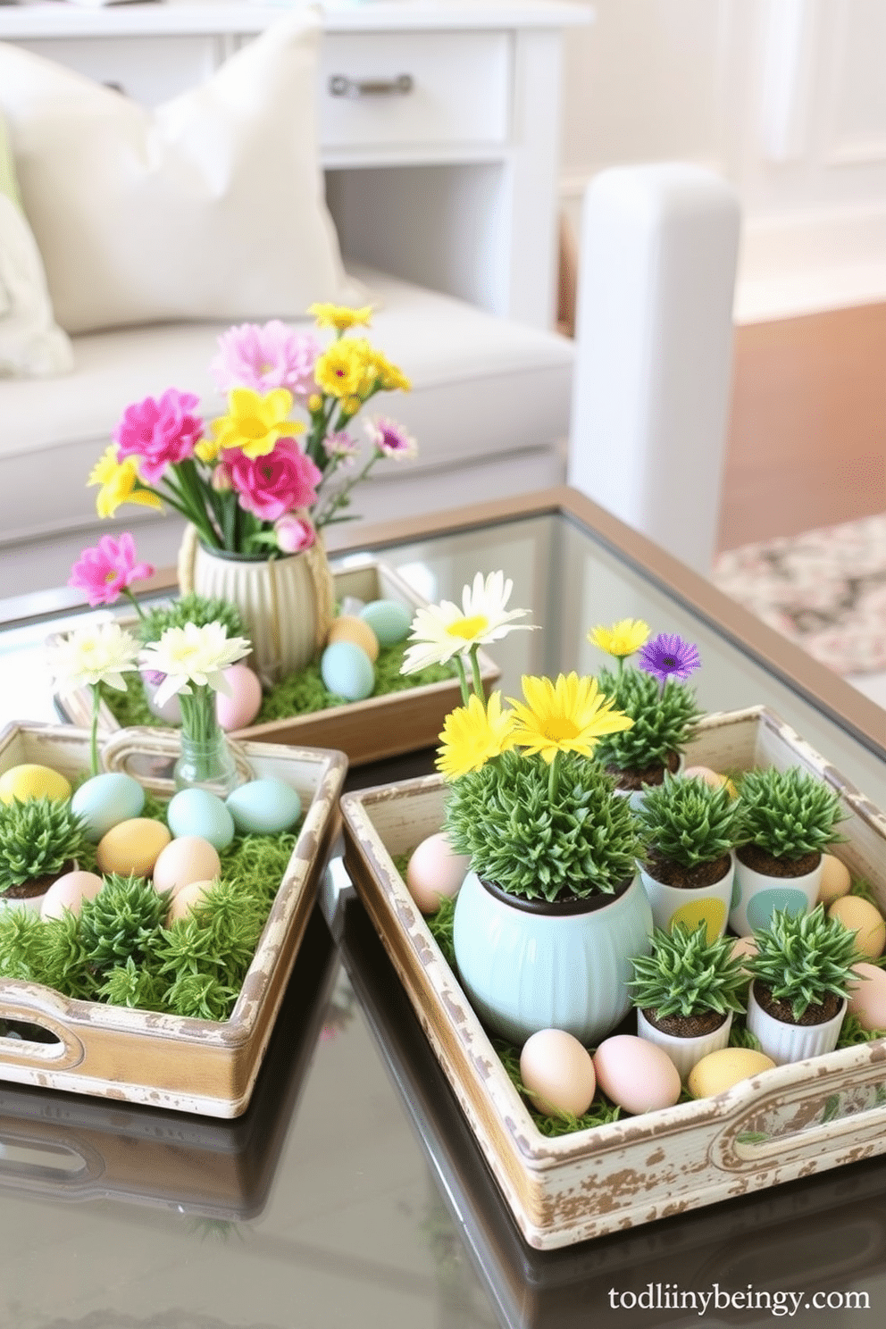 Create a vibrant spring display featuring decorative trays filled with seasonal items. Incorporate fresh flowers, colorful eggs, and small potted plants to evoke the essence of the season. Use pastel colors and natural textures to enhance the visual appeal of the arrangement. Arrange the trays on a coffee table or console to create an inviting focal point in the room.