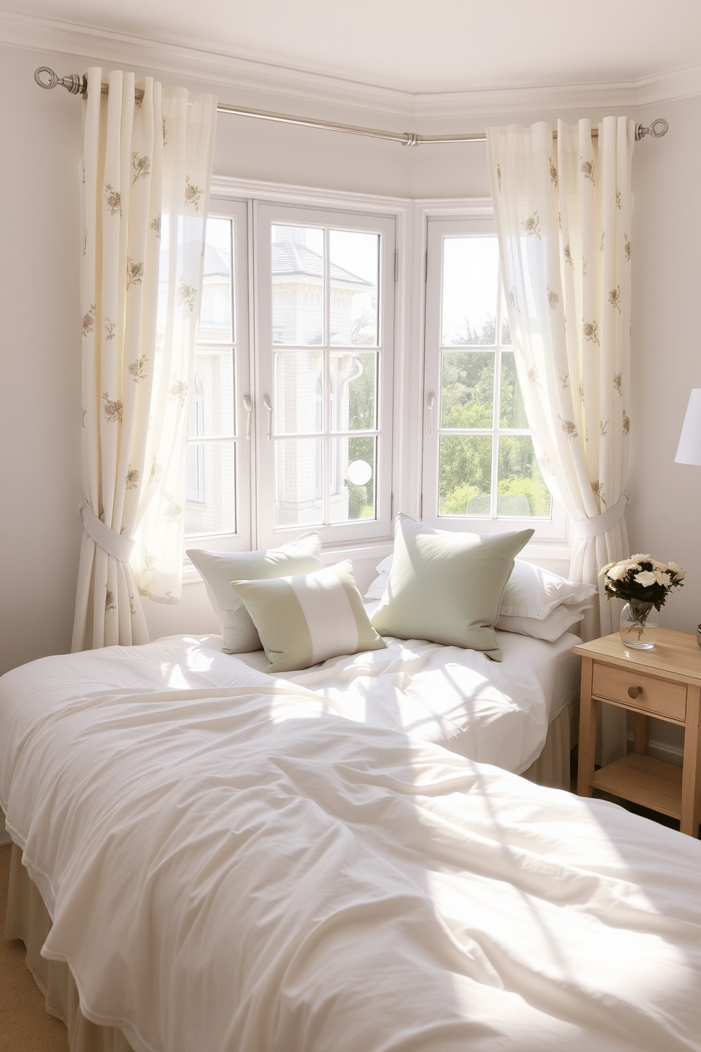 A bright and airy bedroom filled with natural light. The bed is dressed in soft white linens and pastel-colored throw pillows, creating a fresh spring look. Delicate floral patterns adorn the curtains, gently swaying in the breeze. A light wood bedside table holds a small vase of fresh flowers, adding a touch of nature to the space.