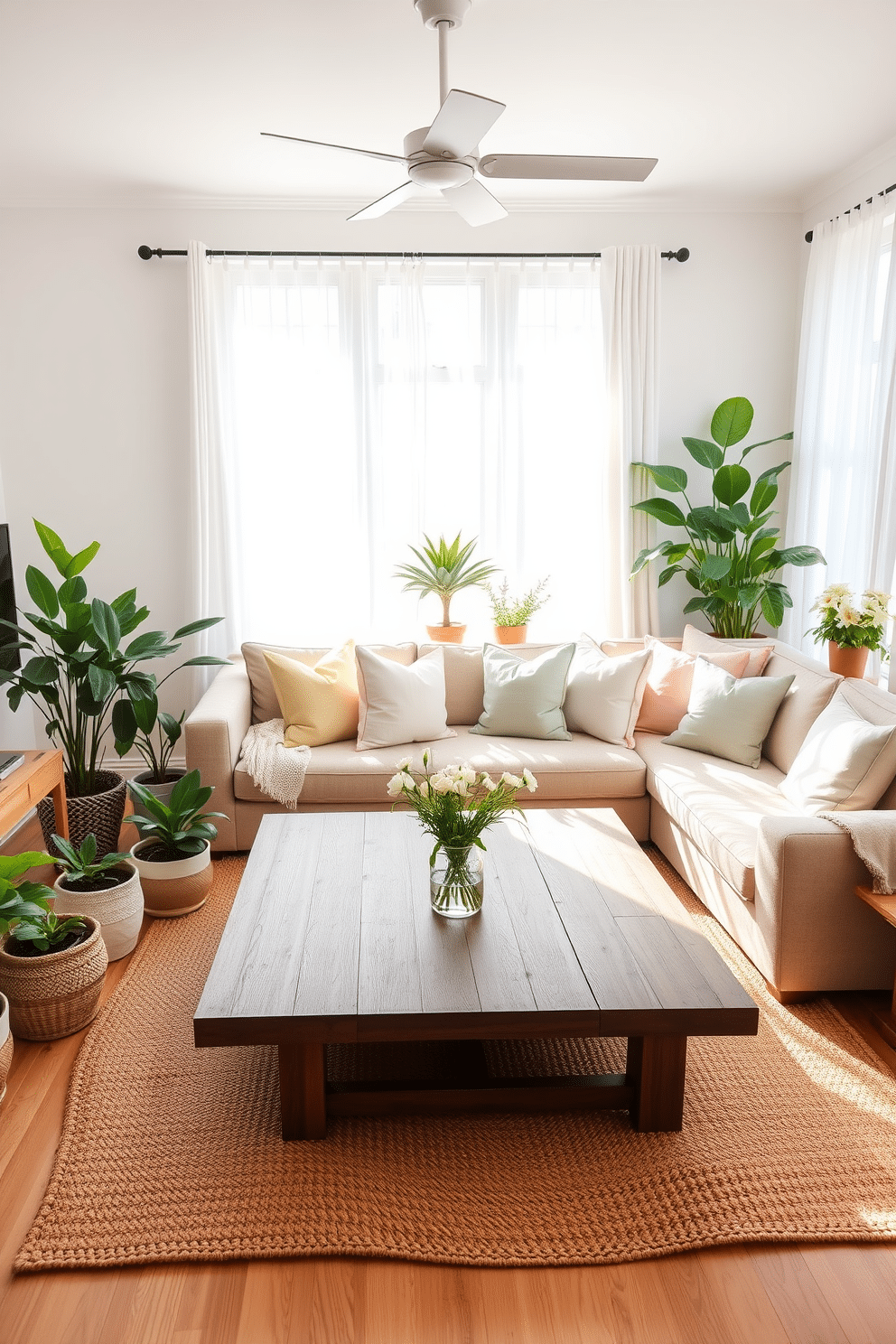 A bright and airy living room filled with spring vibes. The space features a large wooden coffee table surrounded by a plush sectional sofa adorned with pastel throw pillows. Sunlight streams in through large windows framed with sheer white curtains. A collection of potted plants in various sizes adds a refreshing touch, while a woven jute rug anchors the seating area.