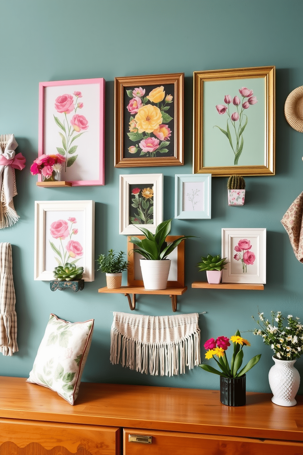 Create a vibrant gallery wall that captures the essence of spring. Incorporate a mix of floral artwork and pastel-colored frames to evoke a cheerful atmosphere. Add various textures such as fabric wall hangings and three-dimensional elements like small shelves for potted plants. Arrange the pieces in a harmonious layout that draws the eye and celebrates the beauty of the season.