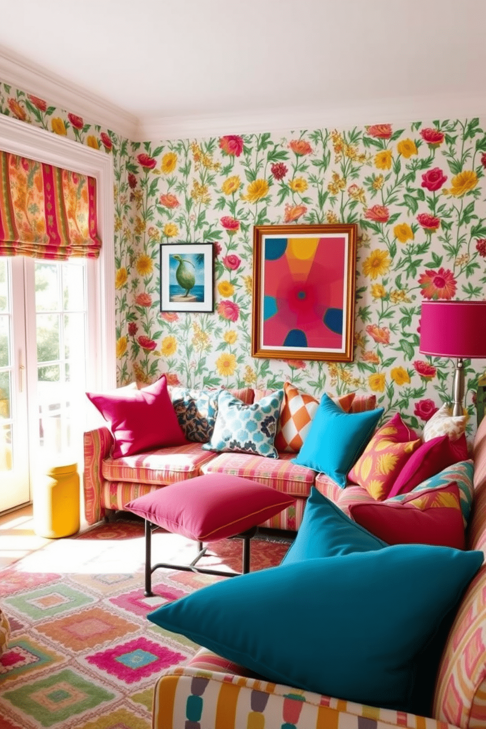 A bright and inviting living room filled with cheerful prints and patterns. The walls are adorned with vibrant floral wallpaper, and the furniture features colorful upholstered cushions in various geometric designs. A cozy nook is created with a patterned area rug and a mix of throw pillows in bold hues. A large window lets in natural light, highlighting the playful decor and creating a warm, welcoming atmosphere.