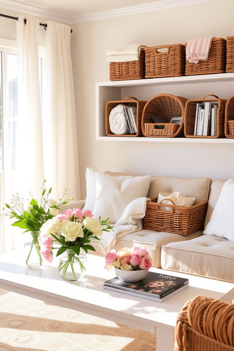 A bright and airy living room features wicker baskets creatively arranged on shelves for stylish storage solutions. The baskets are filled with cozy throws and magazines, adding a touch of warmth and organization to the space. To enhance the spring ambiance, fresh flowers in pastel hues are placed on the coffee table. Light, breezy curtains flutter gently in the breeze, allowing natural light to illuminate the room.