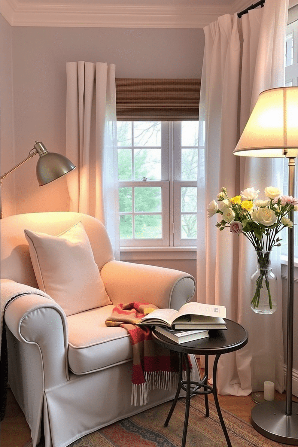 A cozy reading nook featuring a plush armchair upholstered in soft pastel fabric. A small side table holds a steaming cup of tea and a stack of well-loved books, while a floor lamp casts a warm glow over the space. Spring decorating ideas include light, airy curtains that flutter gently in the breeze. A colorful throw blanket drapes over the armchair, and fresh flowers in a vase add a cheerful touch to the nook.