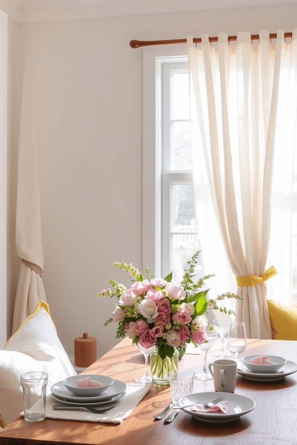 Lightweight linen curtains drape elegantly from a wooden rod, allowing soft sunlight to filter into the room. The curtains are in a soft pastel hue, complementing the fresh spring decor that includes floral arrangements and vibrant cushions. Spring decorating ideas are showcased with a mix of natural elements and bright colors. A centerpiece of blooming flowers sits on a rustic wooden table, surrounded by delicate tableware and cheerful accents that evoke the essence of the season.