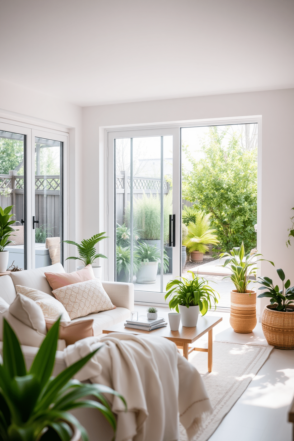 A bright and airy living room that seamlessly blends indoor and outdoor elements. Large sliding glass doors open to a lush garden, allowing natural light to flood the space. The decor features potted plants in various sizes, bringing a touch of greenery inside. Soft pastel accents in the cushions and throws echo the colors of spring, creating a fresh and inviting atmosphere.