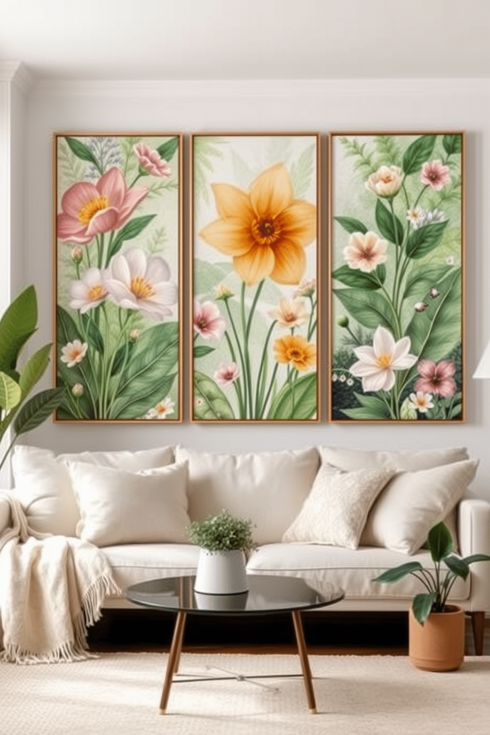 Create a serene living room featuring nature-inspired wall art that evokes the freshness of spring. The artwork showcases vibrant floral patterns and lush greenery, bringing the outdoors inside for a refreshing atmosphere. Incorporate soft pastel colors throughout the space to enhance the spring vibe. Use light fabrics for cushions and throws, and add potted plants to create a harmonious connection with nature.