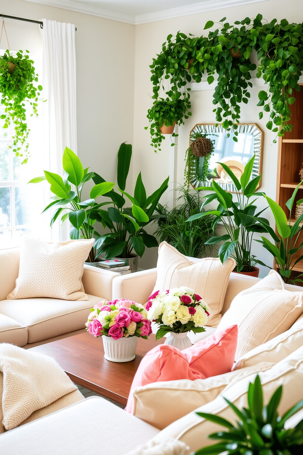 A bright and airy living room filled with vibrant greenery in decorative pots. Lush plants in various sizes are strategically placed around the room, complementing the light pastel color scheme. The coffee table features a beautiful arrangement of fresh flowers in a simple vase. Soft, textured throw pillows in cheerful colors are scattered across the comfortable sofa, enhancing the spring decorating theme.