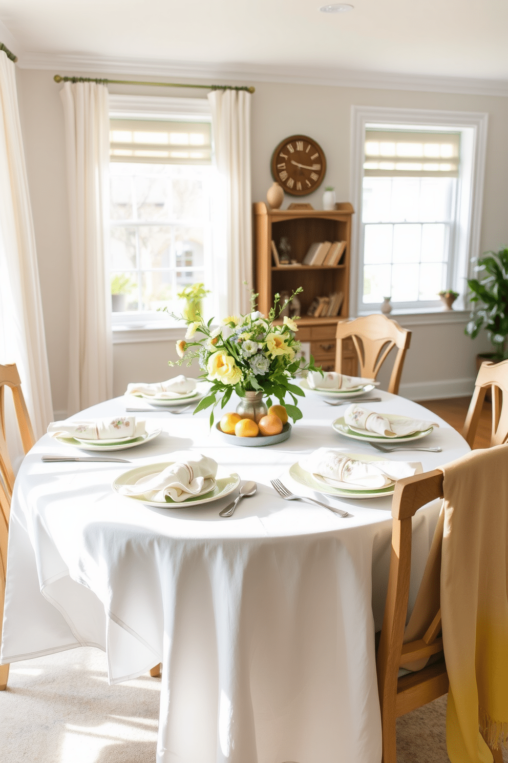 A beautifully set dining table for spring features a crisp white tablecloth adorned with pastel-colored plates and delicate floral napkins. Fresh flowers in a small vase center the table, complemented by soft, natural light streaming through nearby windows. The dining chairs are draped with light linen throws in soft shades of green and yellow, adding a cozy touch. A subtle centerpiece of seasonal fruits and greenery enhances the inviting atmosphere, making it perfect for spring gatherings.