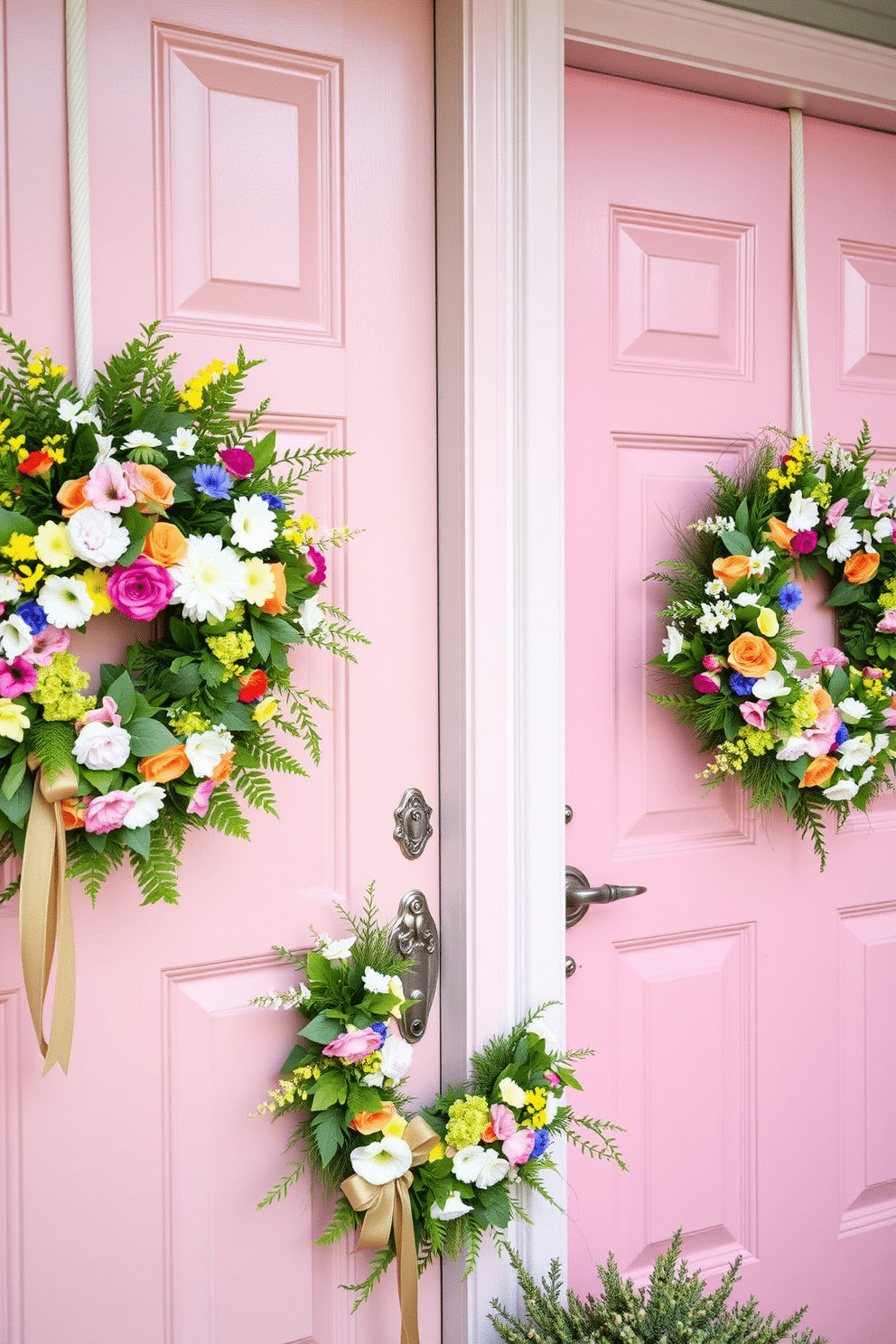 Floral wreaths adorn the front doors, bringing a vibrant touch of spring to the entrance. Each wreath is crafted with a mix of colorful blooms and lush greenery, creating a welcoming atmosphere. The doors are painted in soft pastel hues, enhancing the cheerful vibe of the season. Accents of ribbon and natural elements add texture and charm to the overall decor.