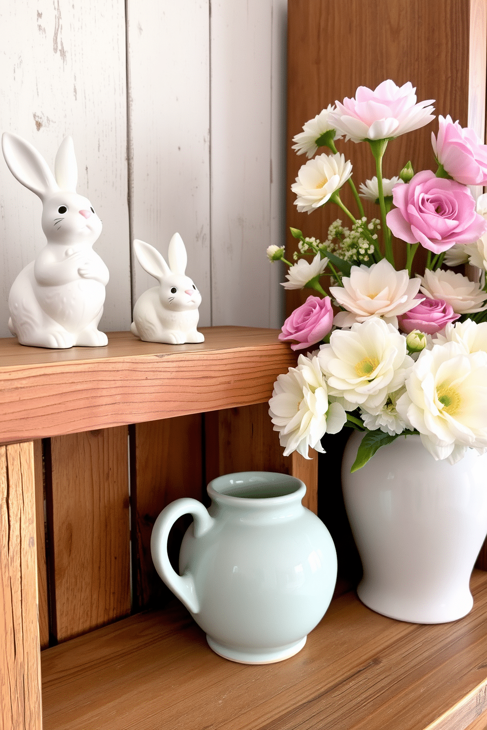 Charming ceramic bunnies are placed on a rustic wooden shelf, adding a whimsical touch to the spring decor. Fresh flowers in pastel hues are arranged in a ceramic vase nearby, creating a cheerful and inviting atmosphere.