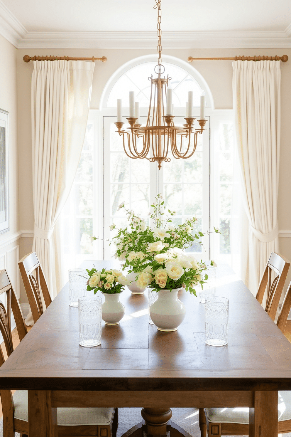 A bright and airy dining room filled with natural light. A large wooden table is set with elegant pastel vases overflowing with fresh flowers, creating a cheerful and inviting atmosphere. Soft pastel curtains frame the windows, complementing the floral arrangements. The walls are painted in a light neutral tone, enhancing the freshness of the spring decor.