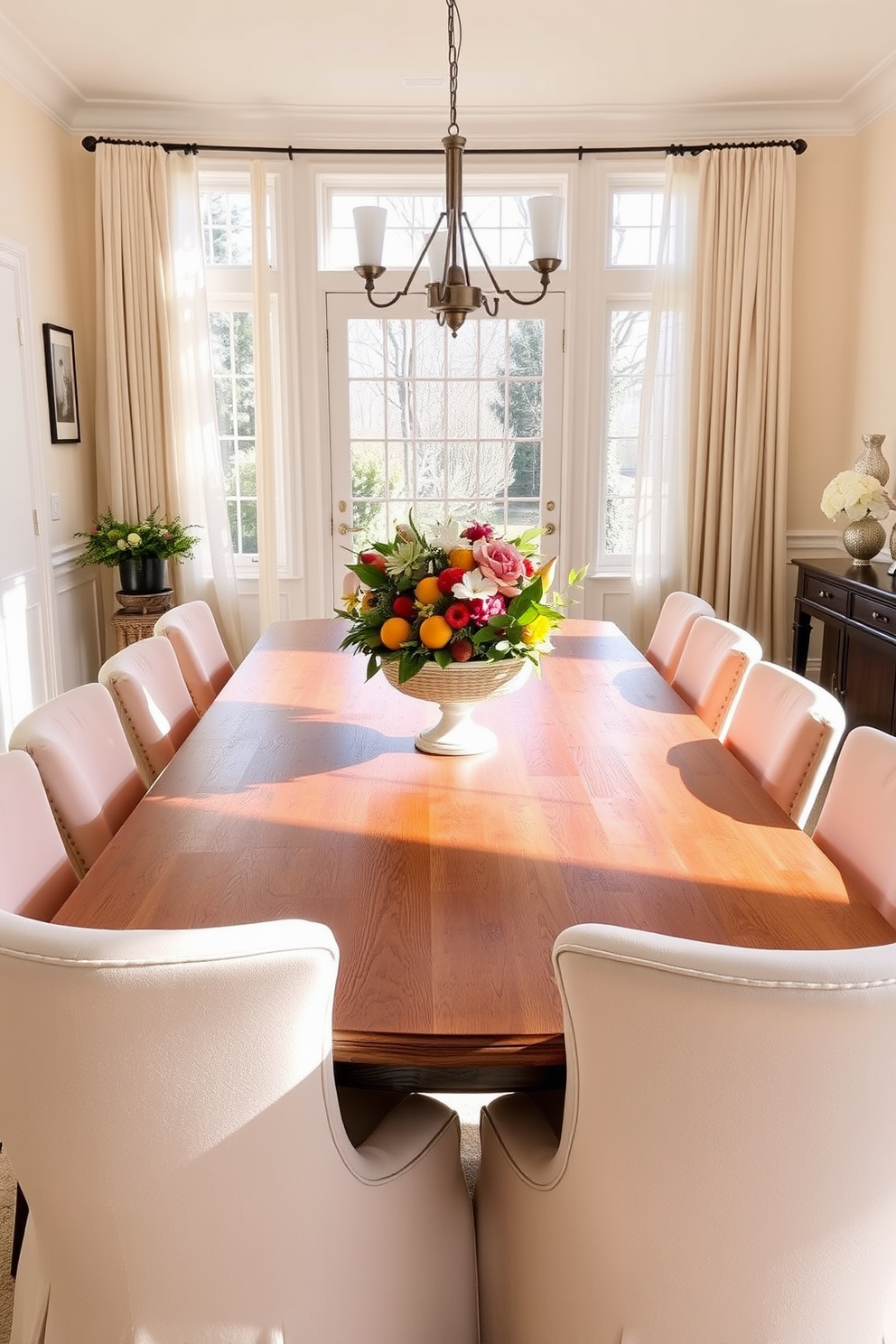 A bright and inviting dining room decorated for spring features a large wooden table surrounded by upholstered chairs in soft pastel colors. In the center, a vibrant bowl filled with seasonal fruits like strawberries, oranges, and kiwis adds a fresh and cheerful touch to the space. Natural light streams in through large windows adorned with light, airy curtains that flutter gently. The walls are painted in a soft cream hue, and a floral centerpiece complements the overall spring theme, creating a warm and welcoming atmosphere.