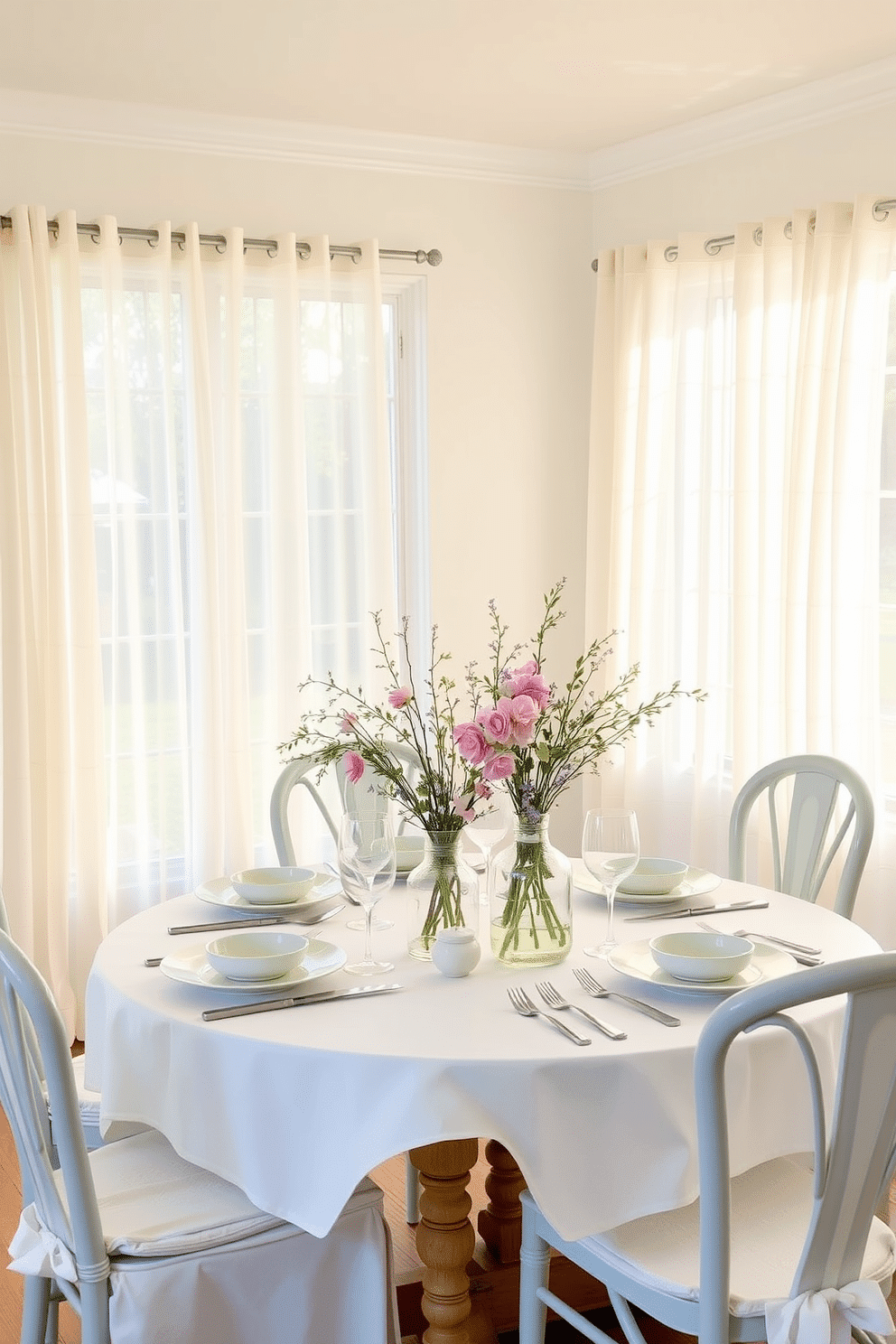 A bright and airy dining room features lightweight sheer curtains that flutter gently in the breeze, allowing natural light to fill the space. The table is set with fresh spring decor, including floral centerpieces and pastel-colored tableware that evoke a cheerful atmosphere.