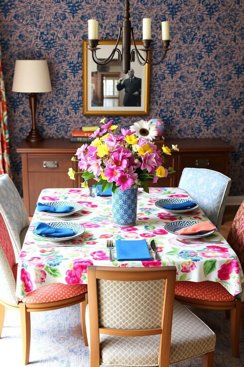 A vibrant dining room setting where various patterns come together to create an inviting atmosphere. The table is set with a floral tablecloth featuring bright colors and is adorned with mismatched patterned plates and colorful napkins. Around the table, upholstered chairs showcase different fabrics, each with unique designs that complement the overall theme. A centerpiece of fresh spring flowers in a patterned vase adds a touch of nature, enhancing the lively decor.