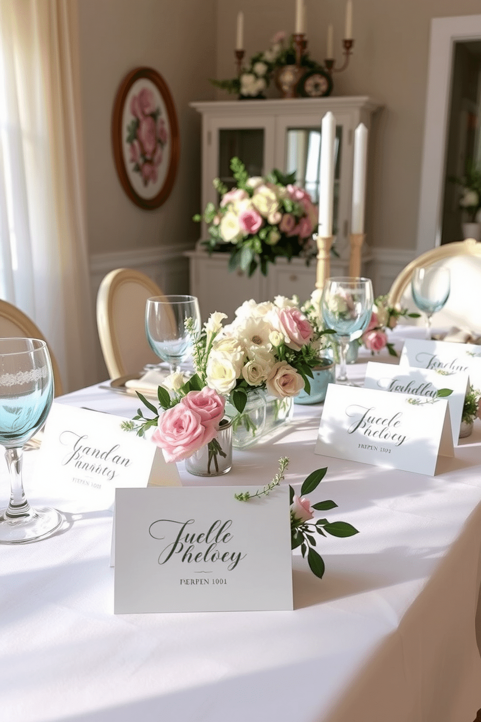 Charming place cards for personalization set on a beautifully arranged dining table. Each card features elegant calligraphy and is adorned with fresh flowers and greenery, creating a warm and inviting atmosphere. Spring dining room decorating ideas include pastel-colored tableware and floral centerpieces. Soft, natural light filters through sheer curtains, enhancing the cheerful ambiance of the space.