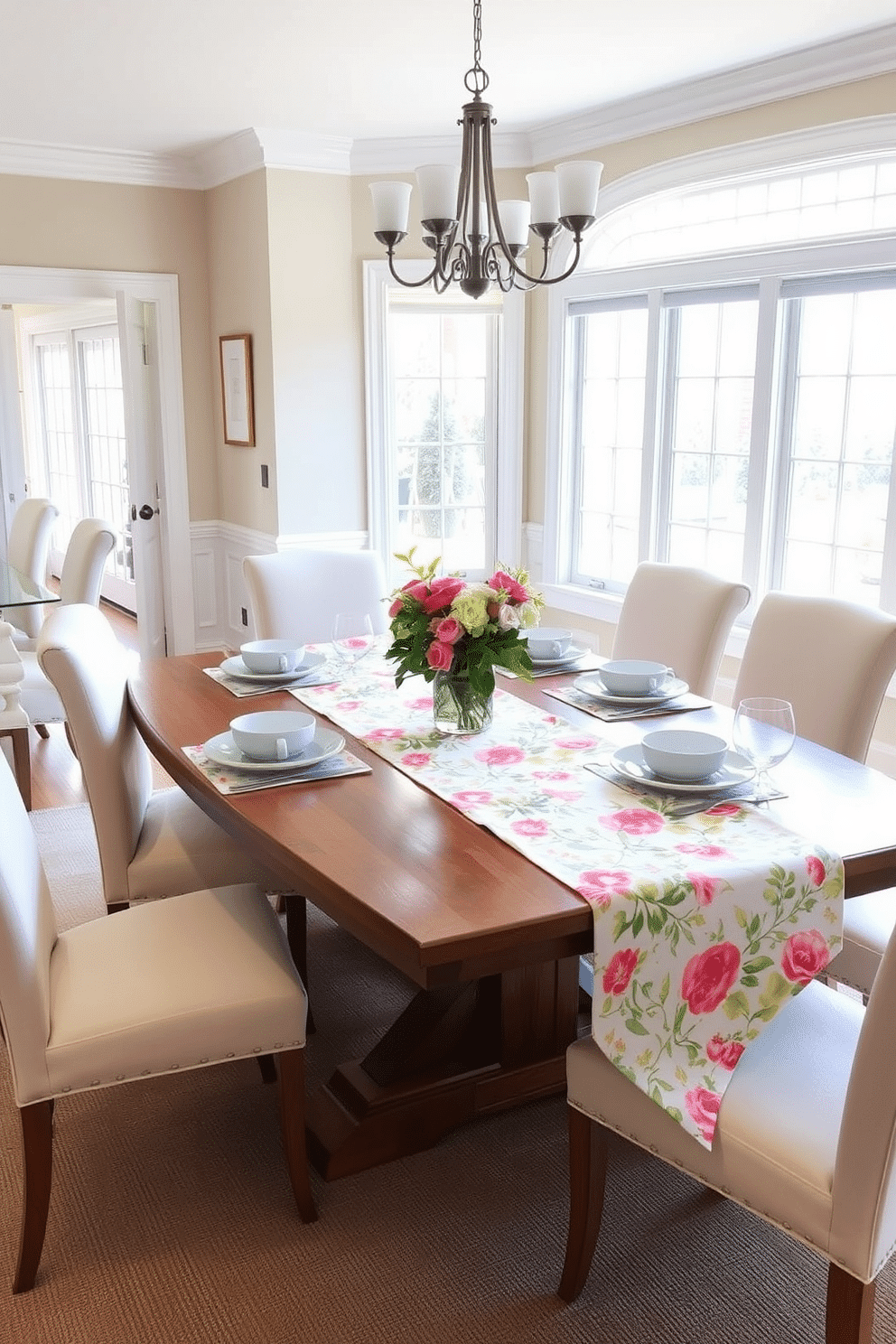 A bright and inviting dining room features a large wooden table set for a spring gathering. The table is adorned with vibrant floral print table runners that cascade elegantly over the edges, complemented by fresh flowers in a vase at the center. Surrounding the table are upholstered chairs in soft pastel colors, enhancing the cheerful atmosphere. Natural light floods the room through large windows, illuminating the delicate patterns of the table runners and creating a warm, welcoming space for family and friends.