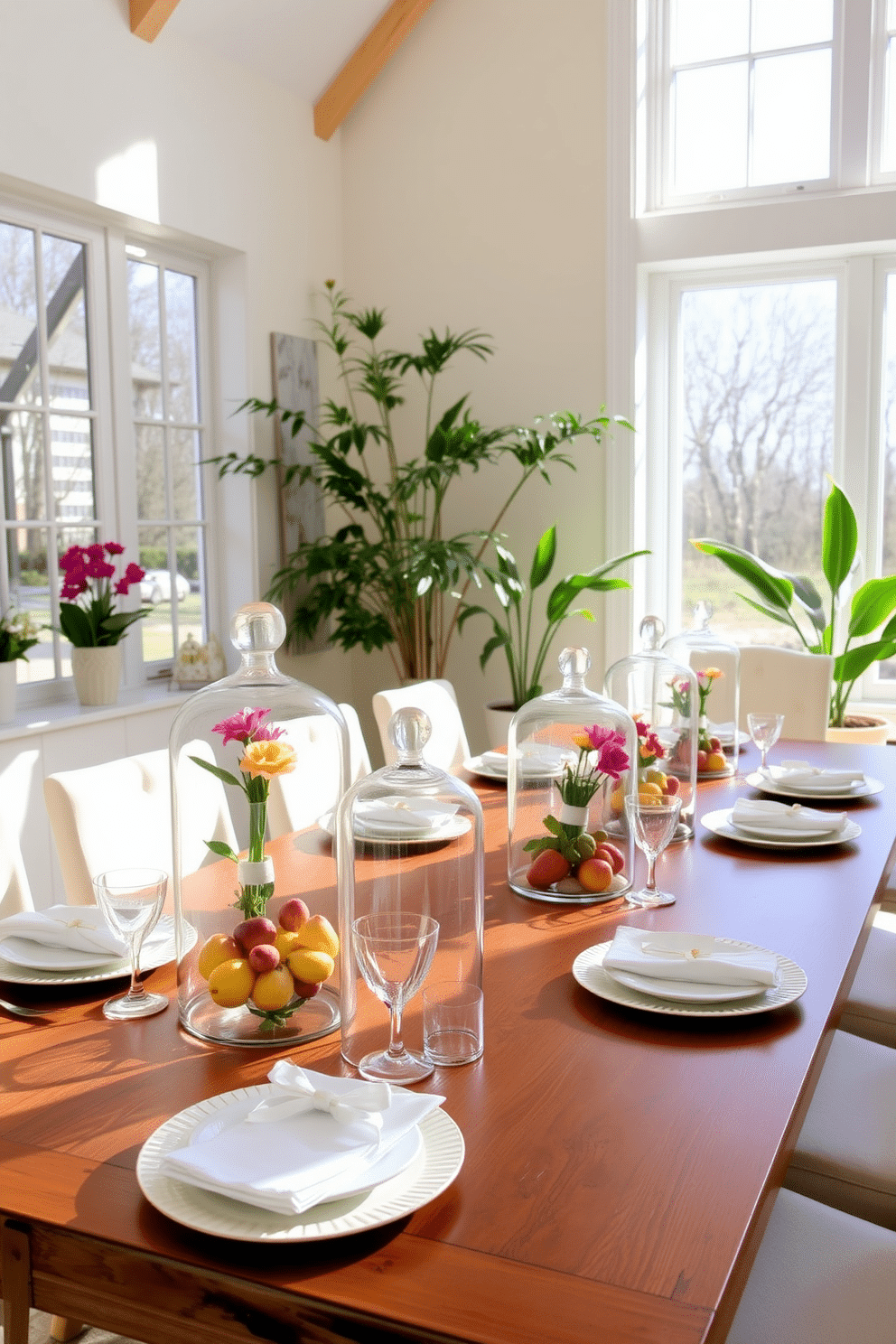 A bright and airy dining room features a large wooden table set for a spring gathering. Glass cloches elegantly display seasonal flowers and fresh fruits, adding a touch of sophistication to the table setting. The walls are painted in a soft pastel hue, complementing the natural light streaming through large windows. Fresh greenery in stylish pots enhances the lively atmosphere, creating a welcoming space for family and friends.