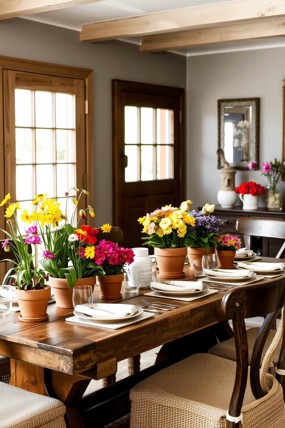 A cozy dining room featuring terracotta pots filled with vibrant spring flowers. The table is set with rustic wooden elements, complemented by soft linen tableware and natural textures.