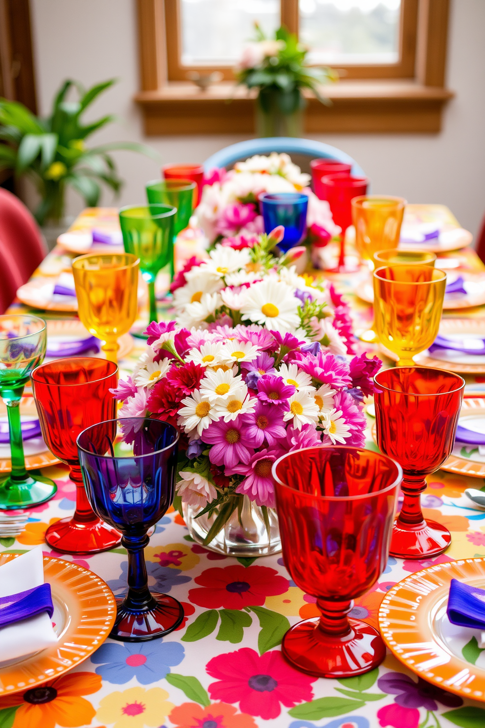 Brightly colored glassware arranged on a vibrant table setting. The table is adorned with a cheerful floral tablecloth, and fresh flowers in assorted colors are placed in the center.