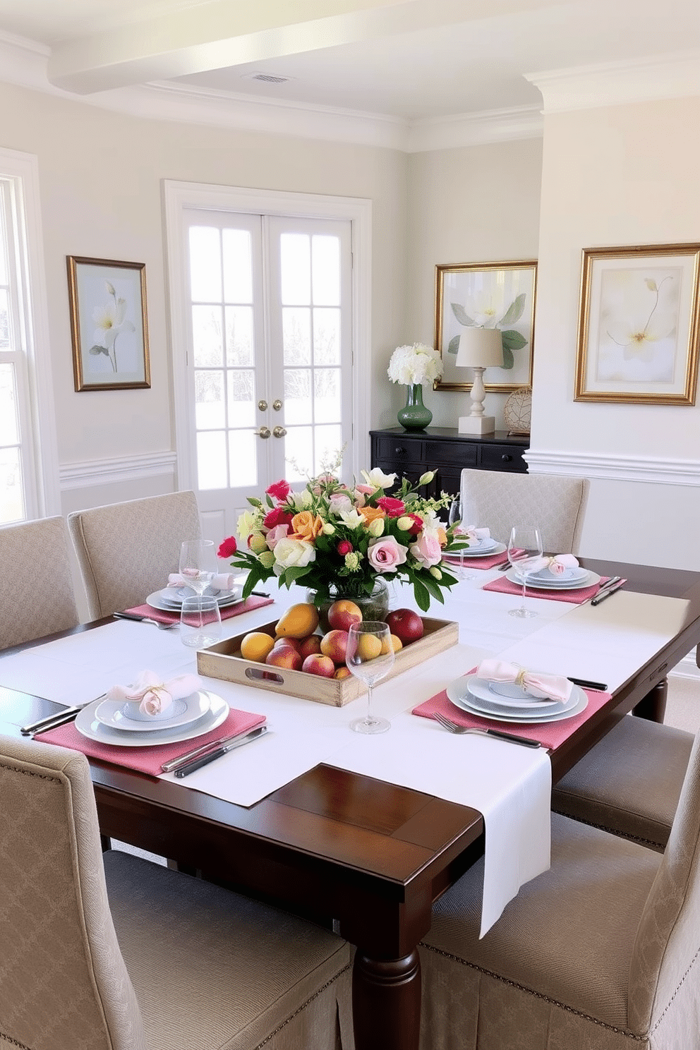 A beautifully arranged dining room features a large wooden table set with decorative trays that hold an assortment of vibrant fruits and elegant tableware. The soft pastel colors of the table linens complement the fresh floral centerpiece, creating a welcoming and organized atmosphere. The walls are adorned with light, airy artwork that enhances the spring theme, while natural light floods the space through large windows. Surrounding the table, upholstered chairs in a subtle pattern invite guests to gather and enjoy the seasonal decor.