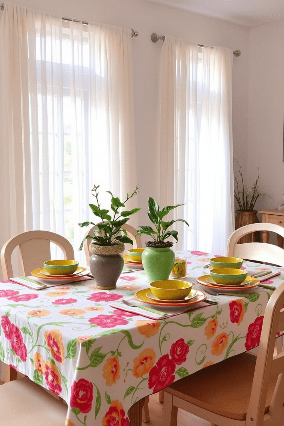 Bright table linens create a cheerful atmosphere in the dining room. A vibrant floral tablecloth covers a light wooden dining table, complemented by matching napkins and colorful ceramic dishes. Fresh green plants in decorative pots add a touch of nature to the space. Soft, natural light filters through sheer curtains, enhancing the lively and inviting ambiance.