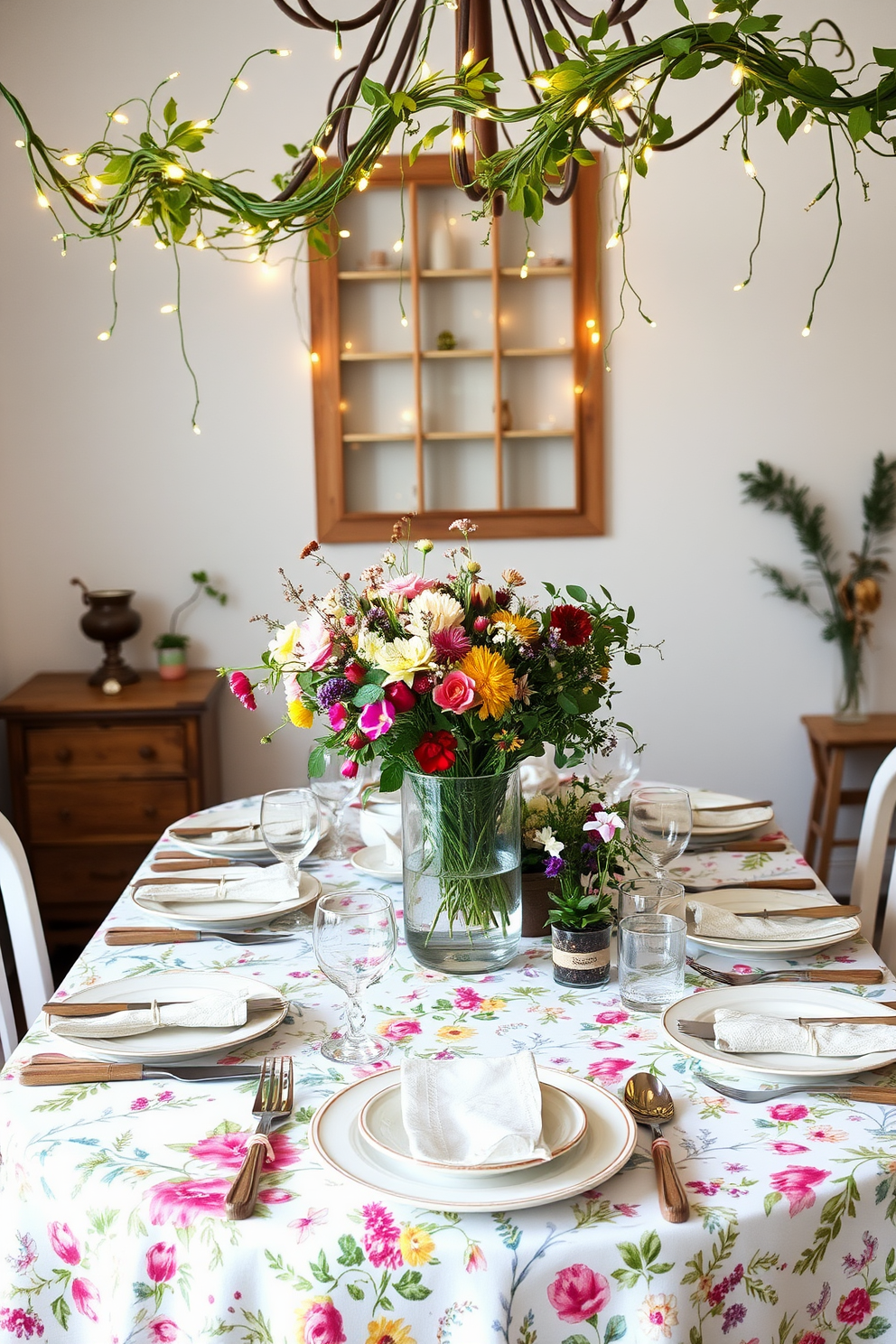 A whimsical dining room setting inspired by nature. The table is adorned with a vibrant floral tablecloth featuring wildflowers, and each place setting includes mismatched vintage china alongside rustic wooden cutlery. Hanging above the table are delicate fairy lights intertwined with greenery, creating a magical atmosphere. The centerpiece is a large glass vase filled with fresh seasonal blooms, surrounded by small potted herbs for an aromatic touch.