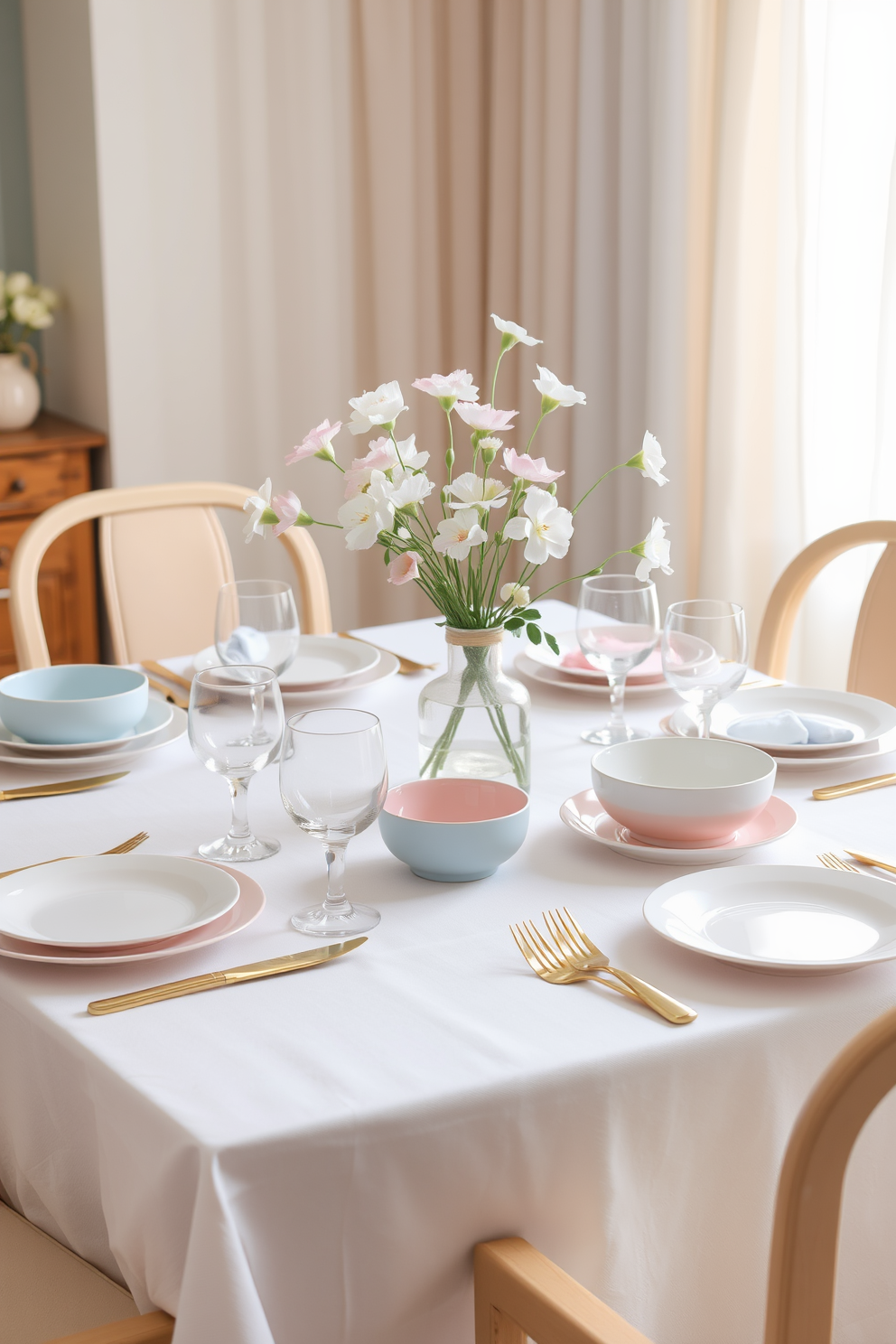 A pastel-colored tableware set is elegantly arranged on a white linen tablecloth, creating a soft and inviting atmosphere. The plates, bowls, and glasses feature delicate hues of pink, blue, and lavender, complemented by gold accents. Fresh flowers in pastel shades are placed in a simple vase at the center of the table, enhancing the spring theme. Soft, natural light filters through sheer curtains, illuminating the space and adding warmth to the dining room.