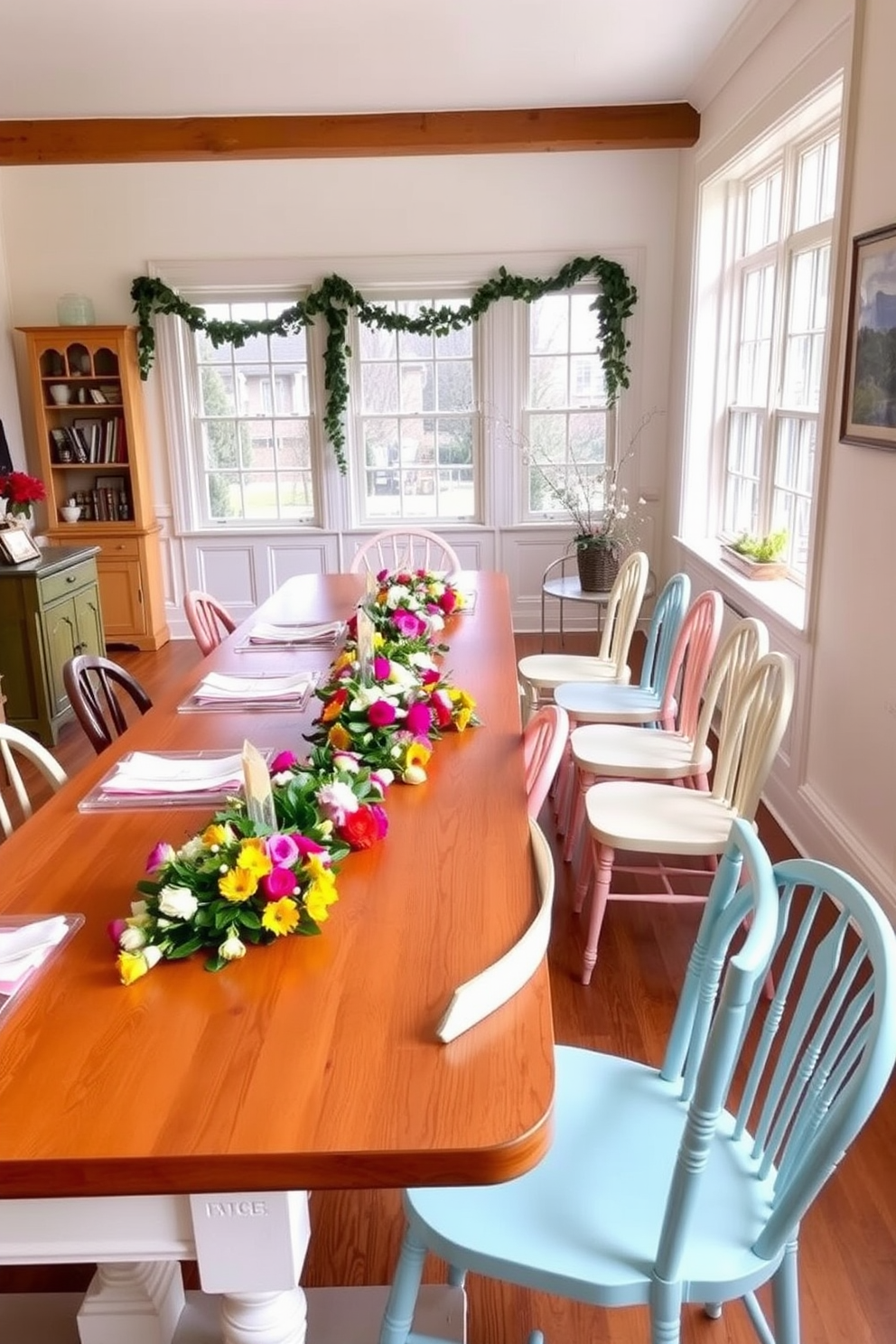 A bright and airy dining room features a long wooden table elegantly set for a spring gathering. Floral garlands in vibrant colors are draped across the table, adding a fresh and cheerful touch to the decor. Around the table, mismatched chairs in soft pastel hues create a charming and inviting atmosphere. Large windows allow natural light to flood the space, highlighting the delicate floral arrangements and enhancing the seasonal vibe.