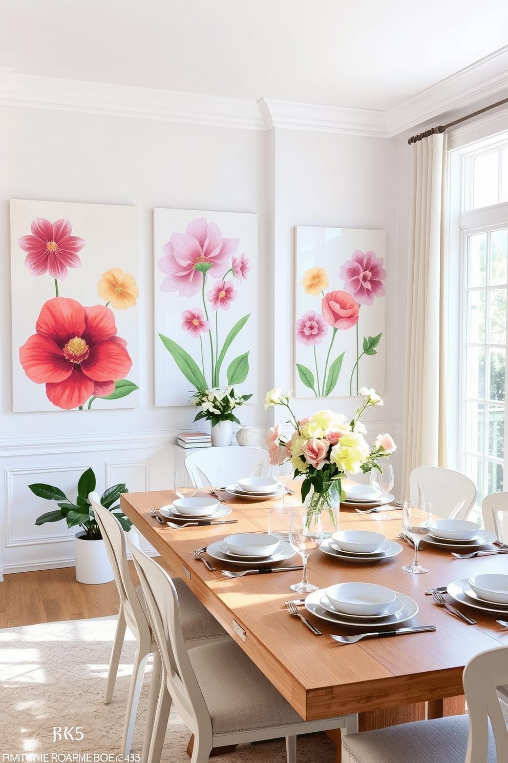 A bright and airy dining room featuring spring-themed artwork on the walls. The artwork showcases vibrant floral designs in pastel colors, creating a cheerful atmosphere. A wooden dining table is set with elegant tableware, including pastel-colored plates and fresh flowers in a vase. Soft, natural light streams in through large windows, enhancing the fresh and inviting ambiance.